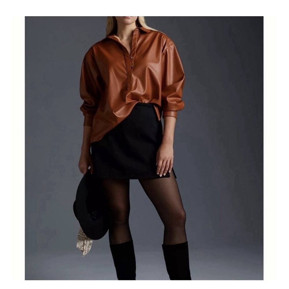 Anthropologie Faux Leather Shirt Top Blouse Cedar Brown‎ Sz 3XL